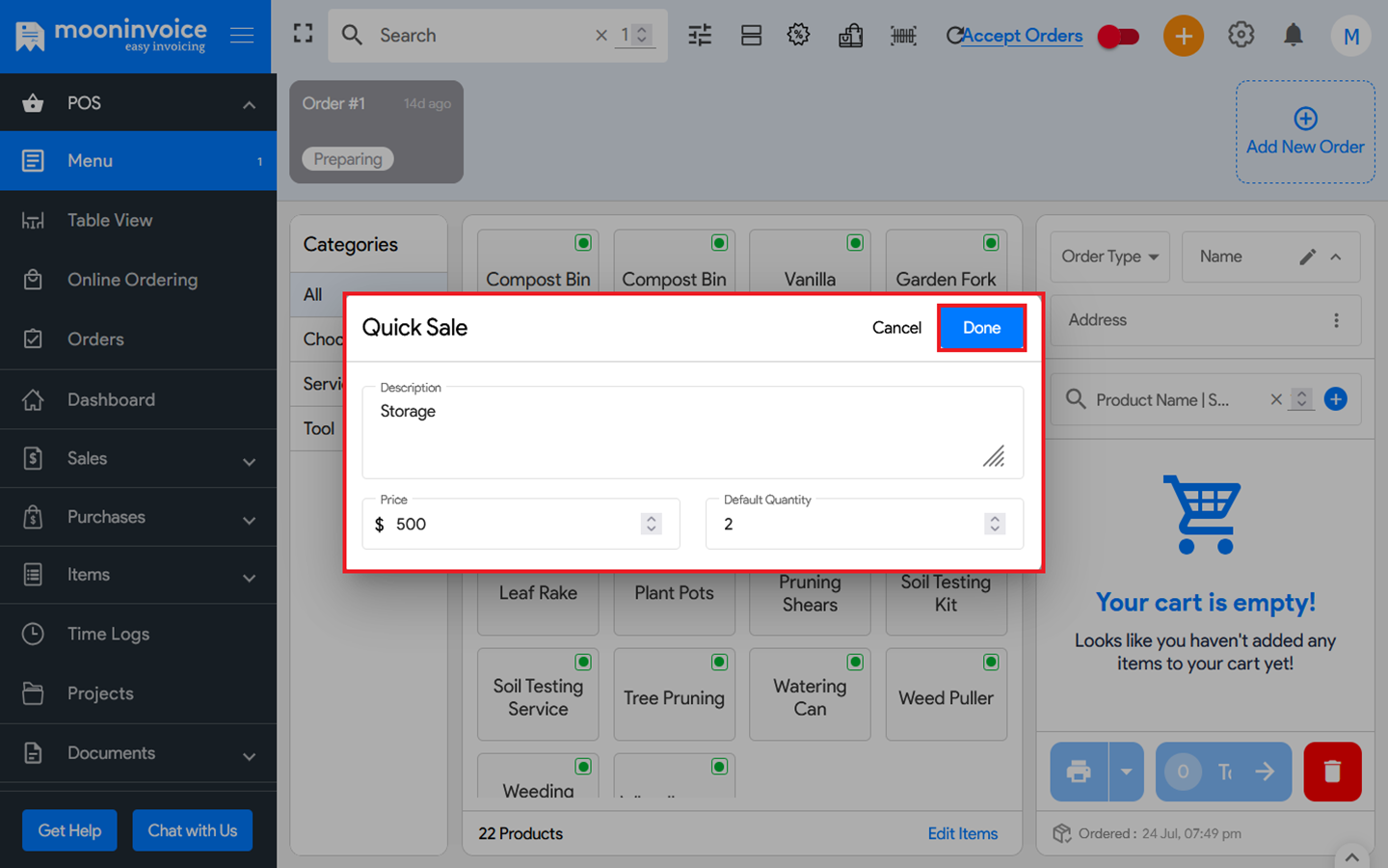 Moon POS quick sale step 2 - enter details