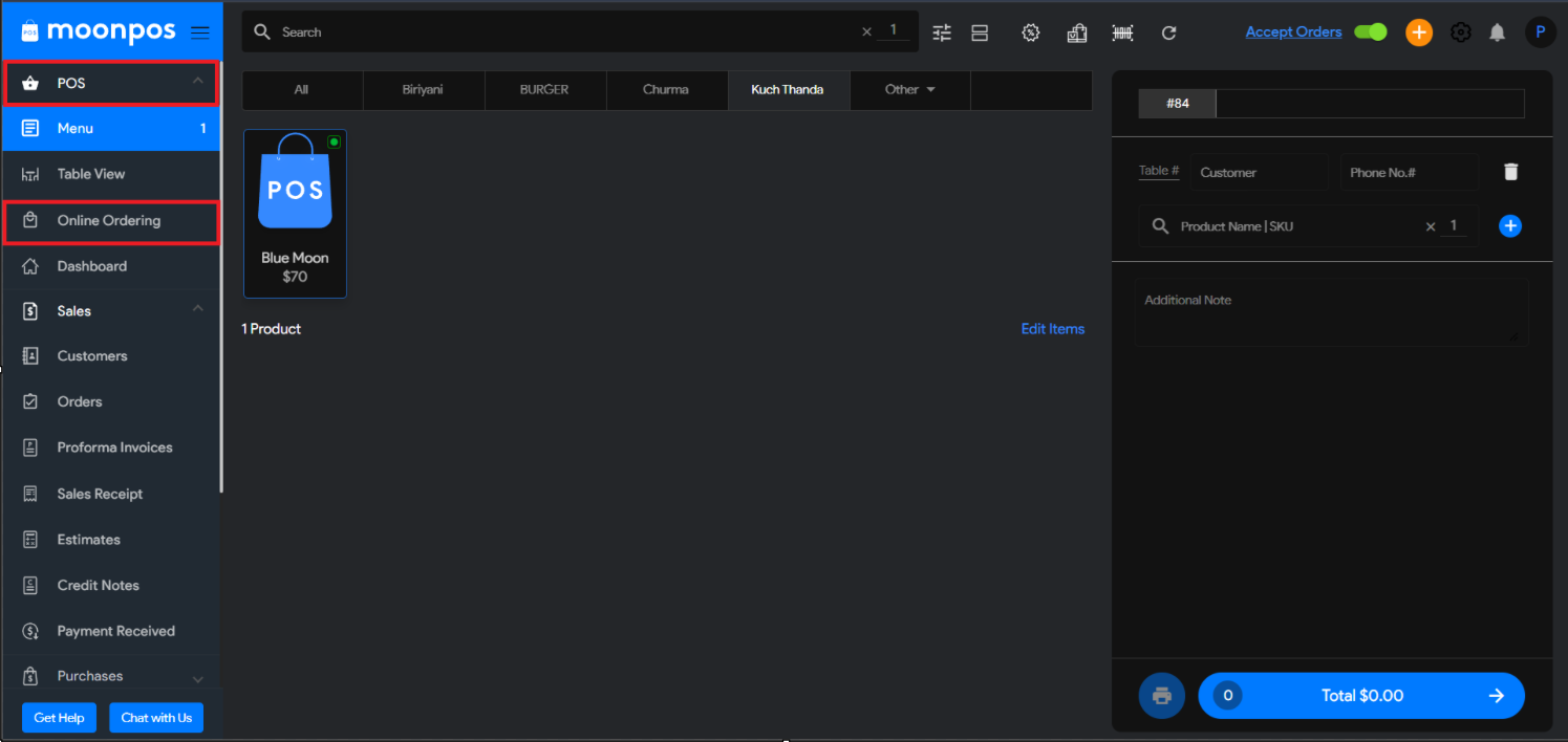 Moon POS - open product settings for editing prices