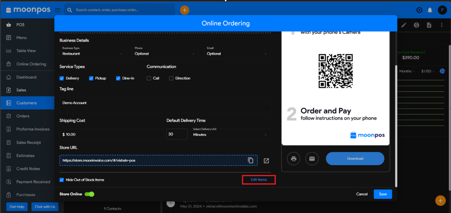 Moon POS - edit checkout price and online ordering price