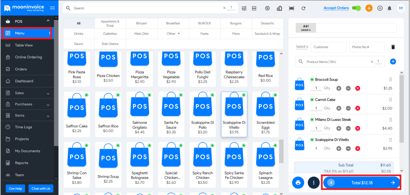 Moon POS Menu Screenshot