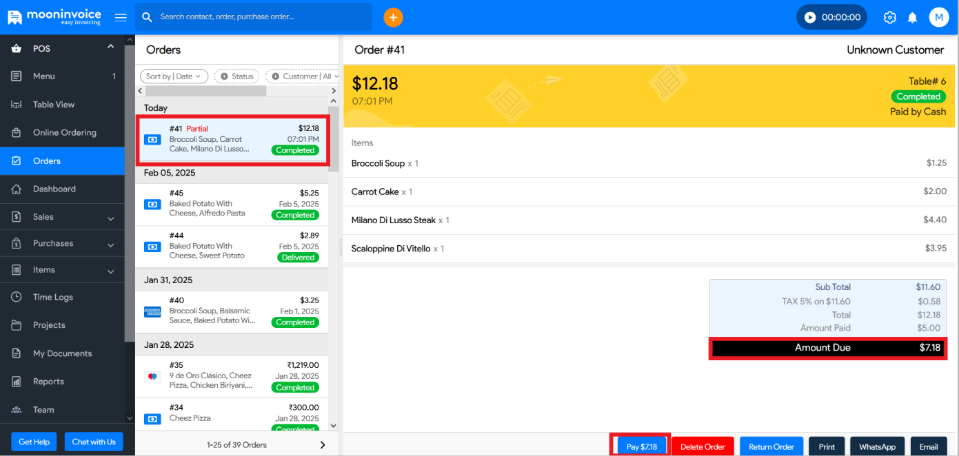 Partial Payment Screenshot