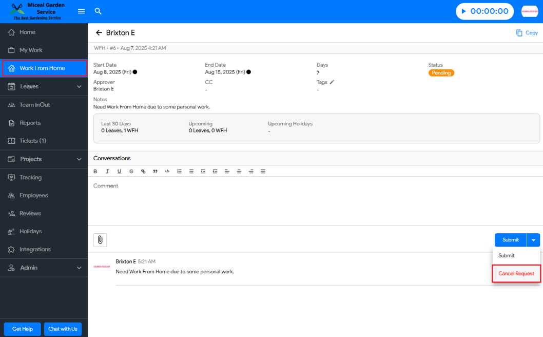 WFH Request Deletion in Moon HRM