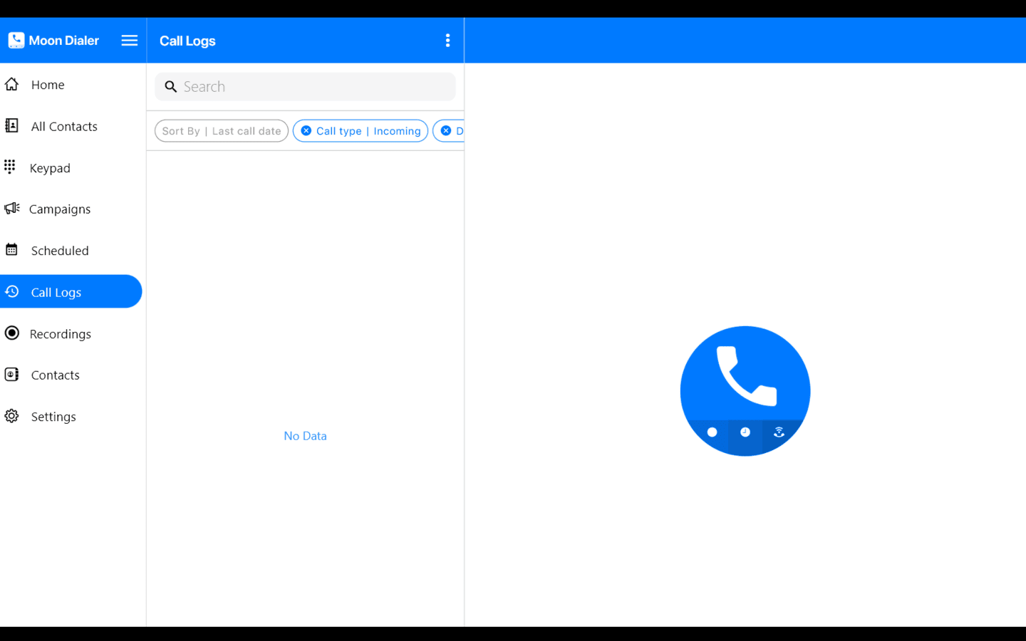 Call Logs section in Moon Dialer