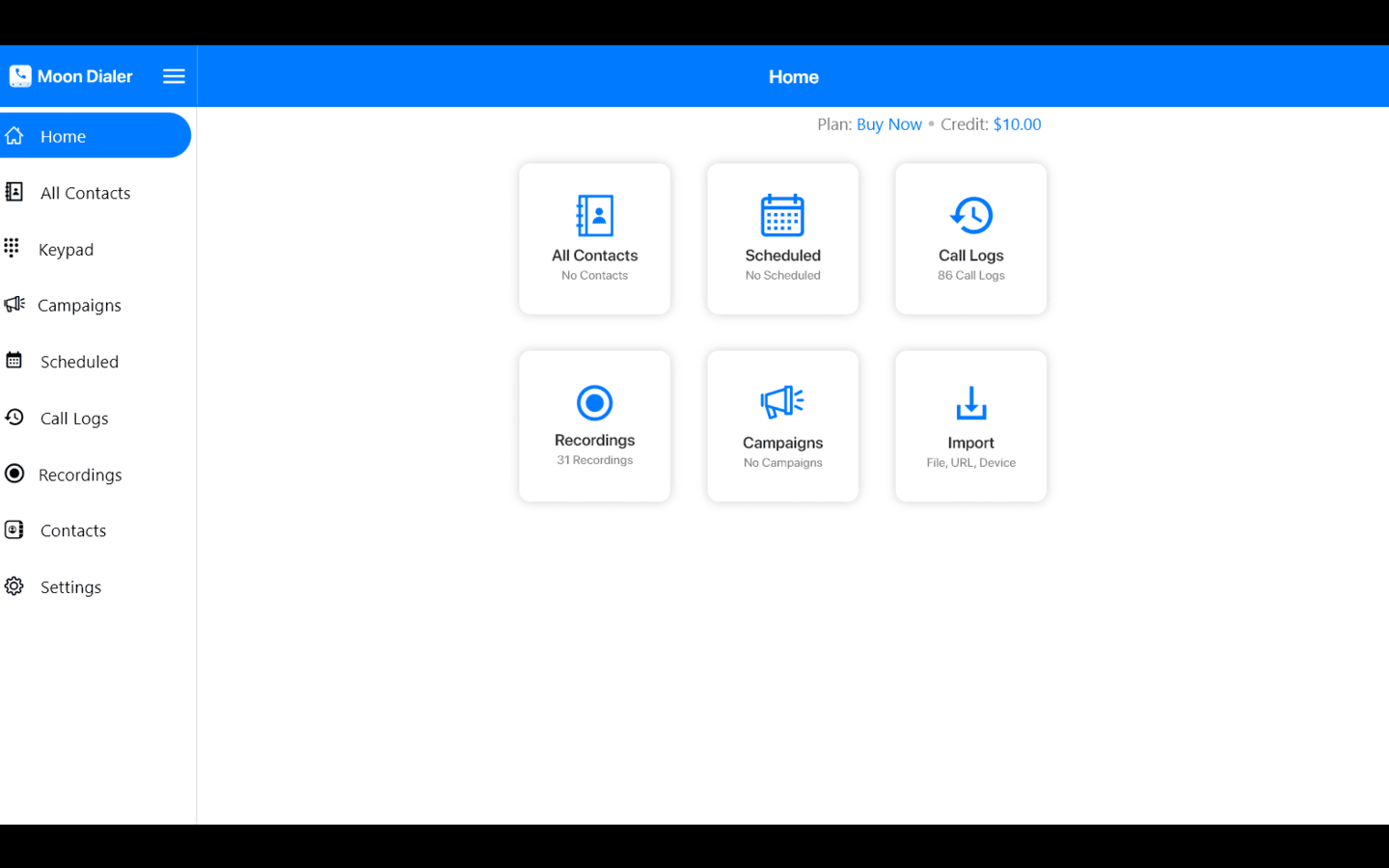 Home Screen shortcuts in Moon Dialer